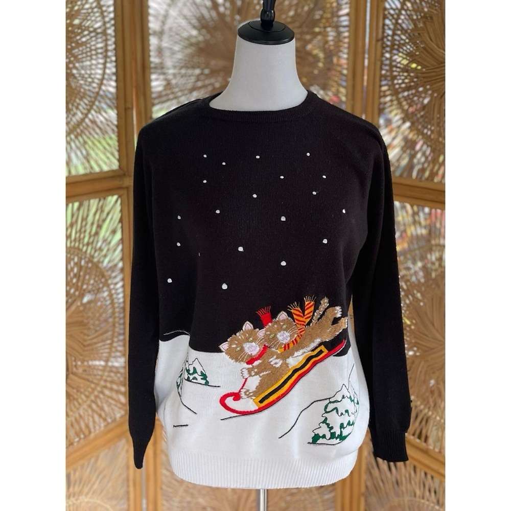 Vintage Cyn Les Shirlee Designs Cute Cats Kittens Embroidered Christmas Sweater - Picture 2 of 6